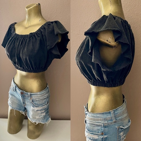 URBAN OUTFITTERS Off Shoulder Ruffle Sleeve Boho CROP TOP Size Large - Picture 3 of 15
